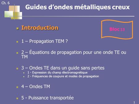 1 1 Ch. 6 Guides dondes métalliques creux Introduction Introduction 1 – Propagation TEM ? 2 – Équations de propagation pour une onde TE ou TM 3 – Ondes.