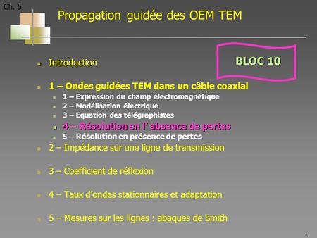 1 Ch. 5 Propagation guidée des OEM TEM Introduction Introduction 1 – Ondes guidées TEM dans un câble coaxial 1 – Expression du champ électromagnétique.