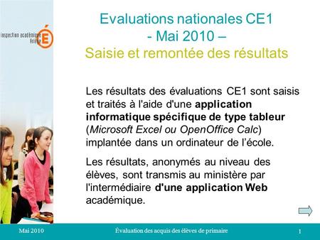 Mai 2010Évaluation des acquis des élèves de primaire 1 Evaluations nationales CE1 - Mai 2010 – Saisie et remontée des résultats Les résultats des évaluations.
