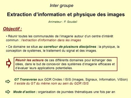 Inter groupe Extraction dinformation et physique des images Animateur : F. Goudail GT Transverse aux GDR Ondes / ISIS (Images, Signaux, Information, ViSion)