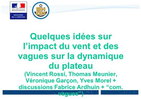 Quelques idées sur l’impact du vent et des vagues sur la dynamique du plateau (Vincent Rossi, Thomas Meunier, Véronique Garçon, Yves Morel + discussions.