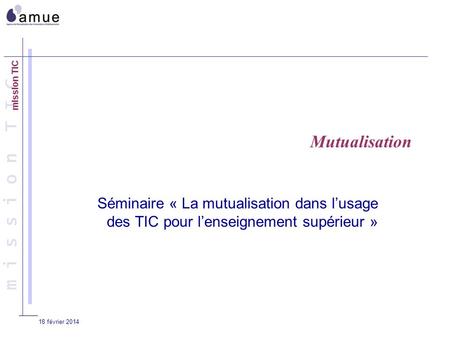 M i s s i o n T I C 18 février 2014 Mutualisation Séminaire « La mutualisation dans lusage des TIC pour lenseignement supérieur »