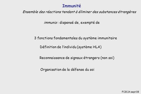 Immunité Ensemble des réactions tendant à éliminer des substances étrangères immunis : dispensé de, exempté de 3 fonctions fondamentales du système immunitaire.