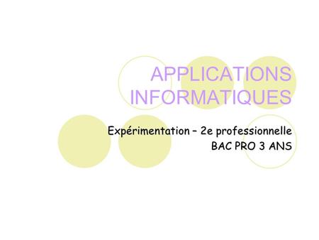 APPLICATIONS INFORMATIQUES Expérimentation – 2e professionnelle BAC PRO 3 ANS.