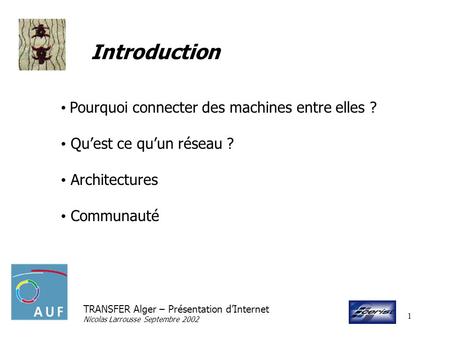 TRANSFER Alger – Présentation dInternet Nicolas Larrousse Septembre 2002 1 Introduction Pourquoi connecter des machines entre elles ? Quest ce quun réseau.