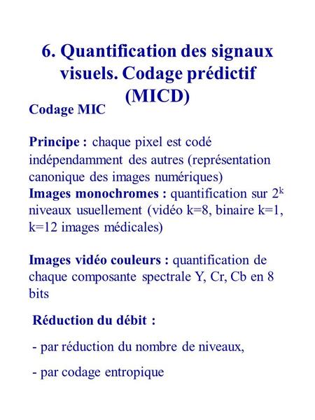 6. Quantification des signaux visuels. Codage prédictif (MICD)