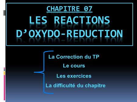 Chapitre 07 LES REACTIONS D’OXYDO-REDUCTION