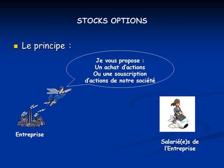 STOCKS OPTIONS Le principe : Le principe : Je vous propose : Un achat dactions Ou une souscription dactions de notre société Entreprise Salarié(e)s de.