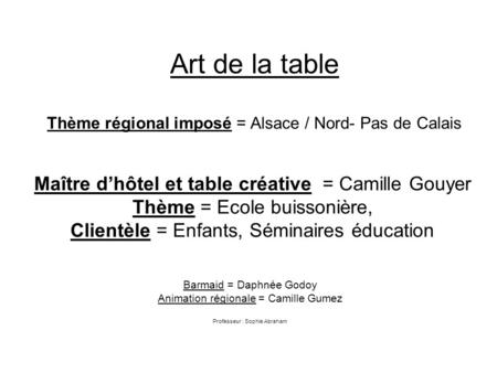 Art de la table Thème régional imposé = Alsace / Nord- Pas de Calais