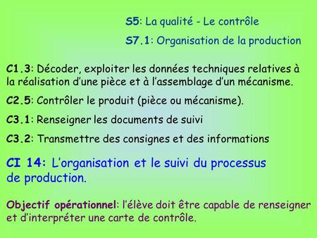 CI 14: L’organisation et le suivi du processus de production.