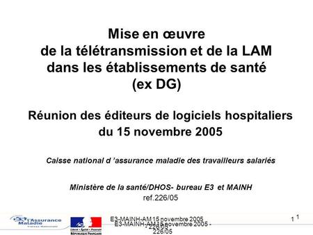E3-MAINH-AM 15 novembre 2005 - 226/05 Mise en œuvre de la télétransmission et de la LAM dans les établissements de santé (ex DG) Réunion des éditeurs.