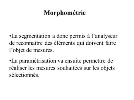 Morphométrie La segmentation a donc permis à l’analyseur de reconnaître des éléments qui doivent faire l’objet de mesures. La paramétrisation va ensuite.