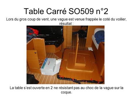 Table Carré SO509 n°2 Lors du gros coup de vent, une vague est venue frappée le coté du voilier, résultat : La table s’est ouverte en 2 ne résistant pas.
