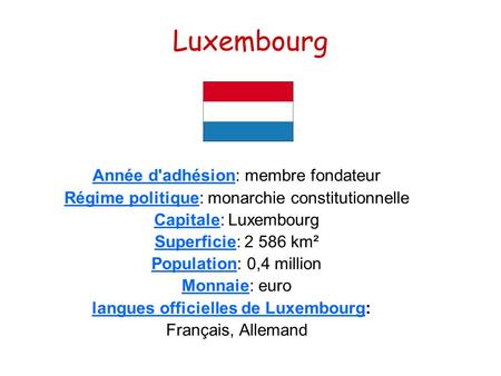 Luxembourg Année d'adhésion: membre fondateur