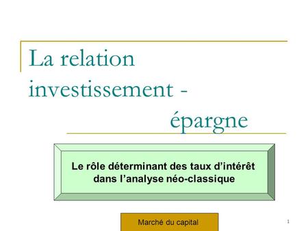 Marché du travail1 La relation investissement - épargne Marché du capital Le rôle déterminant des taux dintérêt dans lanalyse néo-classique.