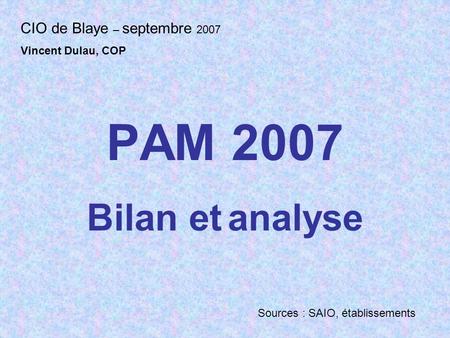 PAM 2007 Bilan et analyse CIO de Blaye – septembre 2007 Vincent Dulau, COP Sources : SAIO, établissements.