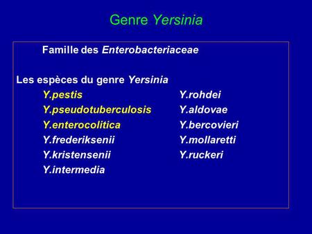 Genre Yersinia Famille des Enterobacteriaceae