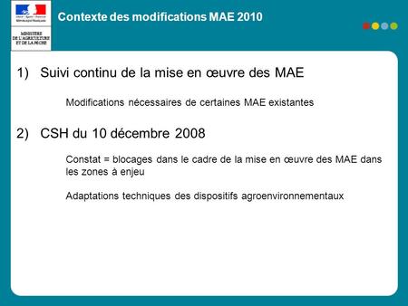 1)Suivi continu de la mise en œuvre des MAE Modifications nécessaires de certaines MAE existantes 2)CSH du 10 décembre 2008 Constat = blocages dans le.