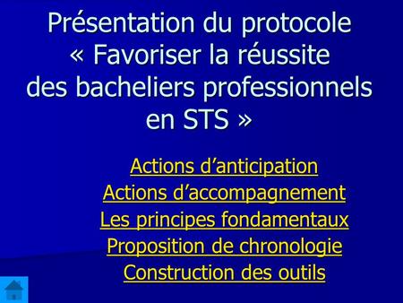 Présentation du protocole « Favoriser la réussite des bacheliers professionnels en STS » Actions danticipation Actions danticipation Actions daccompagnement.