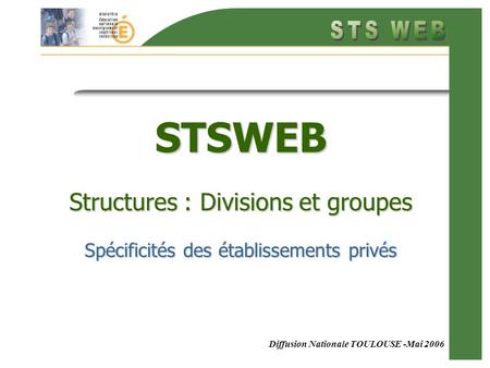 Diffusion Nationale TOULOUSE -Mai 2006 STSWEB Structures : Divisions et groupes Spécificités des établissements privés.