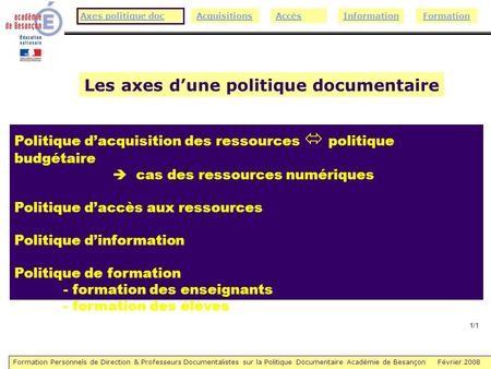 Formation Personnels de Direction & Professeurs Documentalistes sur la Politique Documentaire Académie de Besançon Février 2008 AccèsInformationAcquisitionsAxes.