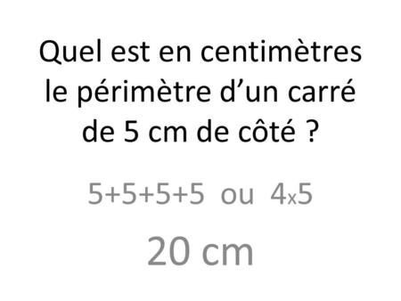 Quel est en centimètres le périmètre d’un carré de 5 cm de côté ?