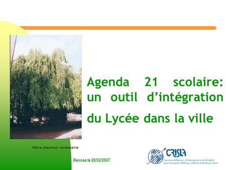 Agenda 21 scolaire: un outil dintégration du Lycée dans la ville Rennes le 28/02/2007 Hêtre pleureur centenaire.