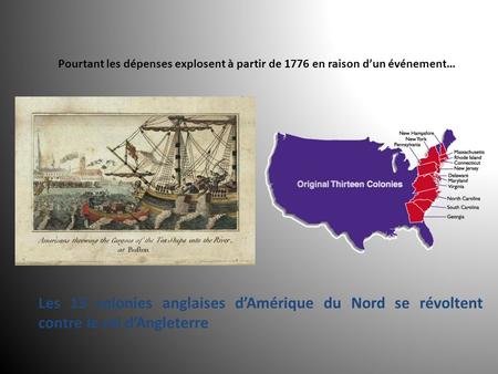 Pourtant les dépenses explosent à partir de 1776 en raison d’un événement… Les 13 colonies anglaises d’Amérique du Nord se révoltent contre le roi d’Angleterre.
