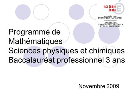 Programme de Mathématiques Sciences physiques et chimiques Baccalauréat professionnel 3 ans Novembre 2009.