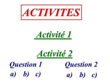 ACTIVITES Activité 1 Activité 2 Question 1 Question 2 a) b) c) a) b)