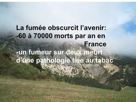 La fumée obscurcit lavenir: -60 à 70000 morts par an en France -un fumeur sur deux meurt dune pathologie liée au tabac.