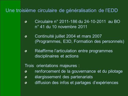 Une troisième circulaire de généralisation de lEDD Circulaire n° 2011-186 du 24-10-2011 au BO n° 41 du 10 novembre 2011 Continuité juillet 2004 et mars.