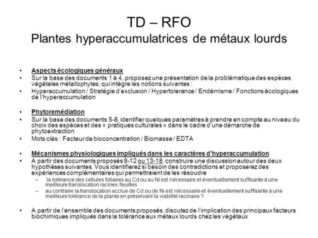 TD – RFO Plantes hyperaccumulatrices de métaux lourds
