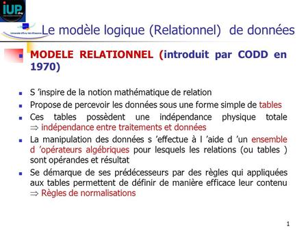 Le modèle logique (Relationnel) de données