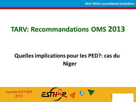 Journée ESTHER 2013 05-06-2013 2013 WHO consolidated Guidelines Quelles implications pour les PED?: cas du Niger TARV: Recommandations OMS 2013.