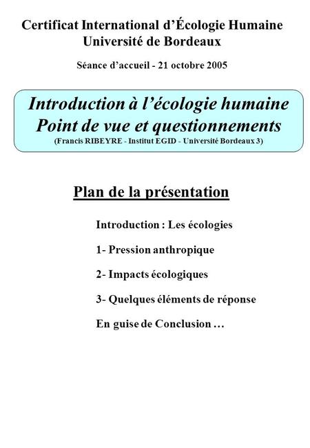 Introduction à l’écologie humaine Point de vue et questionnements