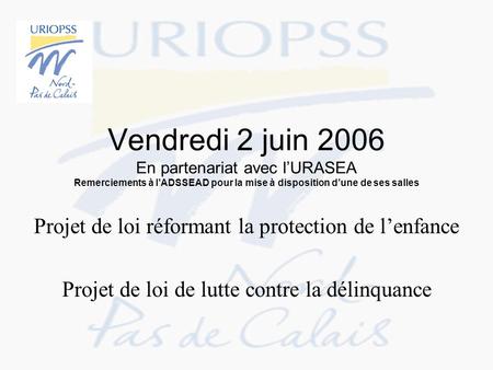 Vendredi 2 juin 2006 En partenariat avec l’URASEA Remerciements à l’ADSSEAD pour la mise à disposition d’une de ses salles Projet de loi réformant la protection.