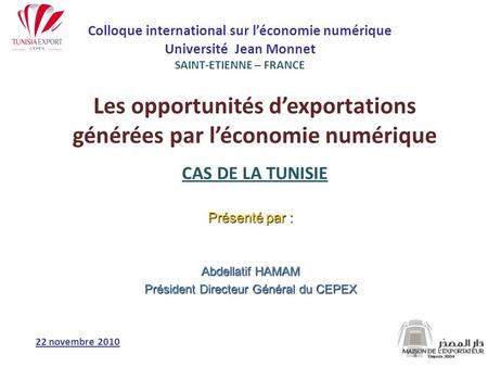 Colloque international sur léconomie numérique Université Jean Monnet SAINT-ETIENNE – FRANCE Les opportunités dexportations générées par léconomie numérique.