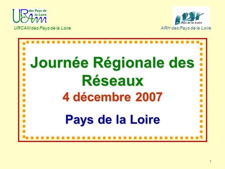1 Journée Régionale des Réseaux 4 décembre 2007 Pays de la Loire URCAM des Pays de la LoireARH des Pays de la Loire.