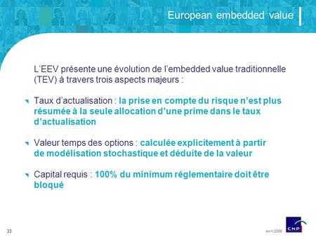 33 European embedded value Avril 2006 LEEV présente une évolution de lembedded value traditionnelle (TEV) à travers trois aspects majeurs : Taux dactualisation.