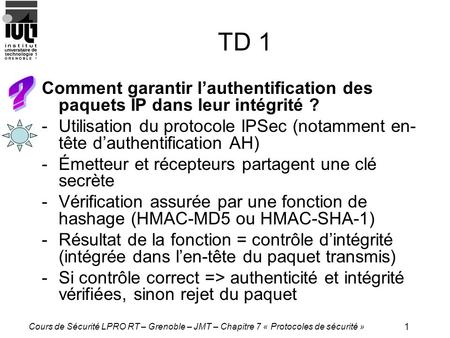 1 Cours de Sécurité LPRO RT – Grenoble – JMT – Chapitre 7 « Protocoles de sécurité » TD 1 Comment garantir lauthentification des paquets IP dans leur intégrité