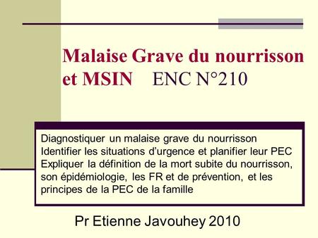 Malaise Grave du nourrisson et MSIN ENC N°210