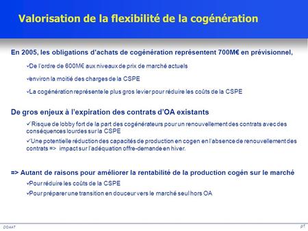 P1 DOAAT Valorisation de la flexibilité de la cogénération En 2005, les obligations dachats de cogénération représentent 700M en prévisionnel, De lordre.