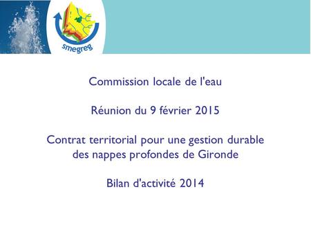 Commission locale de l'eau Réunion du 9 février 2015 Contrat territorial pour une gestion durable des nappes profondes de Gironde Bilan d'activité 2014.