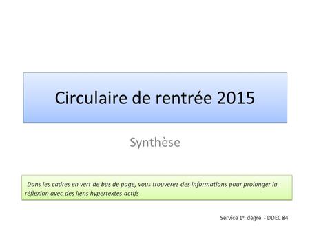 Circulaire de rentrée 2015 Synthèse