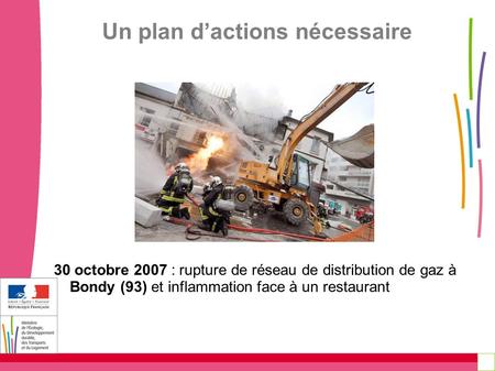 Un plan d’actions nécessaire 30 octobre 2007 : rupture de réseau de distribution de gaz à Bondy (93) et inflammation face à un restaurant.