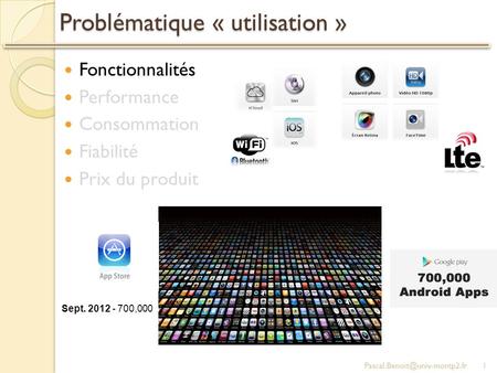 Problématique « utilisation » Fonctionnalités Performance Consommation Fiabilité Prix du produit Sept. 2012 - 700,000.