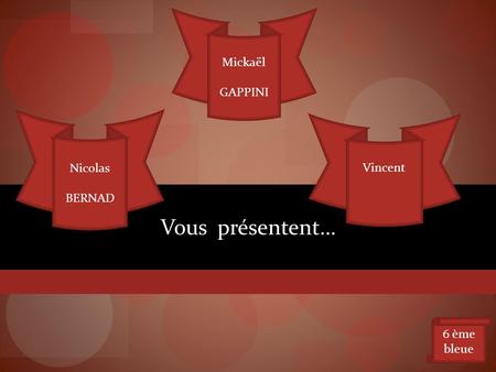 Mickaël GAPPINI Nicolas BERNAD Vincent Vous présentent… 6 ème bleue.