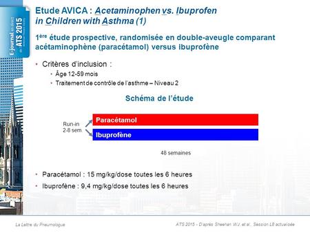 La Lettre du Pneumologue R Etude AVICA : Acetaminophen vs. Ibuprofen in Children with Asthma (1) Critères d’inclusion : Âge 12-59 mois Traitement de contrôle.