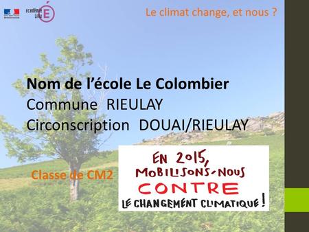 Nom de l’école Le Colombier Commune RIEULAY Circonscription DOUAI/RIEULAY Classe de CM2.